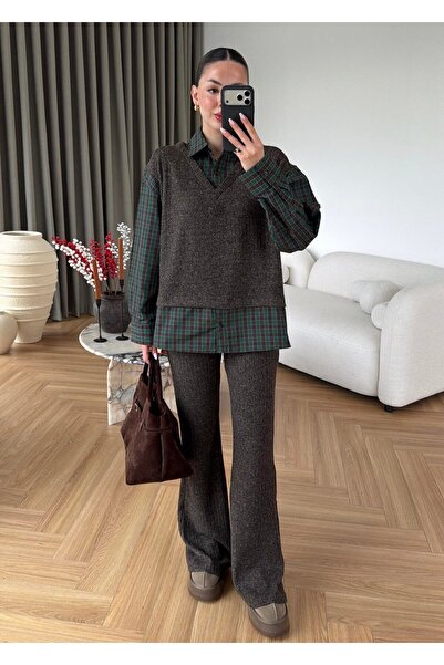 SHILSEE BEUTİQUE COSTUM DE DAMĂ CU CĂMAȘĂ ÎN CAROURI MARO-VERDE ȘI PANTALONI ...