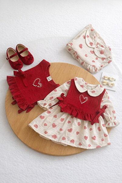 PANDAX KİDS Kız Bebek-Çocuk Kırmızı Kalpli Bayramlık 2’li Elbise | Bebek Yaka...