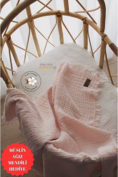 ZEYPBA % 100 Pamuk 4 Katlı Müslin Örtü Pudra 110x110 cm (Bebek & Çocuk İçin) Püsküllü