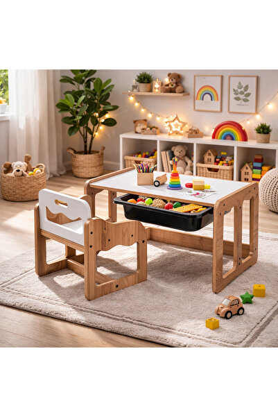 Industrial Living Montessori Tek Kişilik Masa Sandalye Takımı, 18mm Ceviz-Bey...