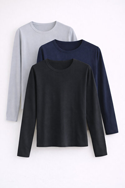 COMBİNE MİCHAİL بلوزة نسائية قطنية أساسية ضيقة بأكمام طويلة مكونة من 3 قطع