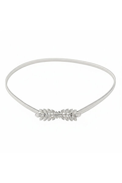 OEM Elastic women's belt, elegant metallic style with leaf buckle, silver