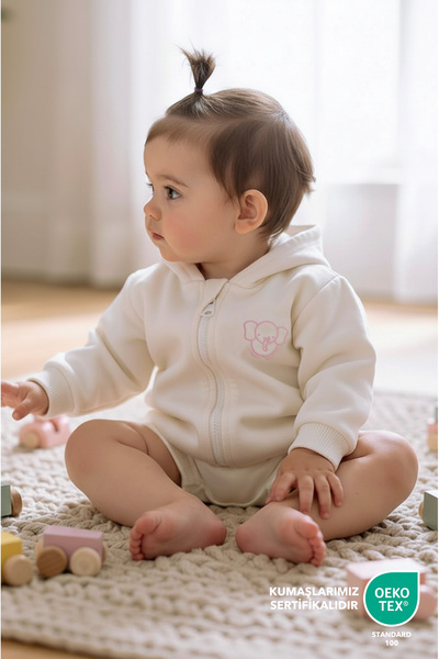 Lilalinda Bebek/Çocuk Pamuklu Sweatshirt Pembe Nakış Detaylı Fermuarlı