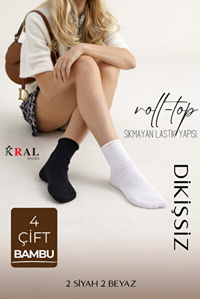 KRAL SOCKS Kadın Roll-Top Lastiksiz Dikişsiz Bambu Soket Çorap 4 Çift