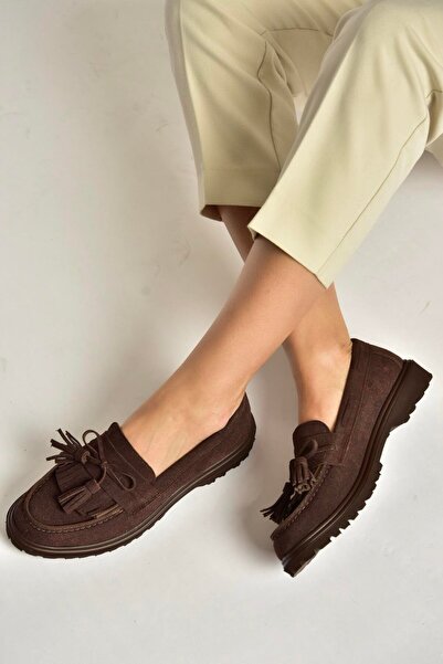 Fox Shoes Y996653002 Kahverengi Süet Püskül Detaylı Kadın Makosen Ayakkabı