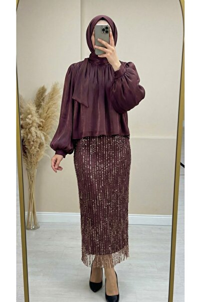 MİHRA STORE Ada Balon Kol Eteği Pullu Gömleği Janjan Takım-GE807 Kahve