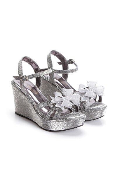 AYDOĞDU by ünal Platinum Wedge Heel Tulle Stone Bow Detailed Evening Dress Sh...