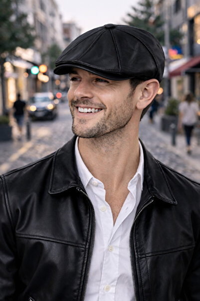 PaminBags Aksesuar Hakiki Deri Parçalı Kasket Şapka