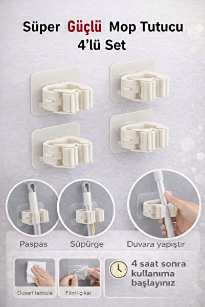 Lataris Yapışkanlı Pratik Mop Temizlik Fırçası Tutucu 4 Adet Beyaz