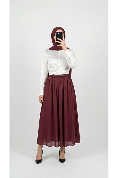 MİHRA STORE تنورة فوال بحزام مطاطي - EK747 لون أحمر داكن