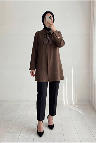 MİHRA STORE Adıgül Gizli Patlı Fularlı Kol Manşetli Tunik-ŞA1192 Koyu Kahve