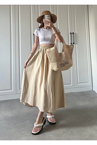 Gülmude Uzun Beli Lastikli Etek Fleto Cepli İç Göstermez Poplin Kumaş Mevsiml...