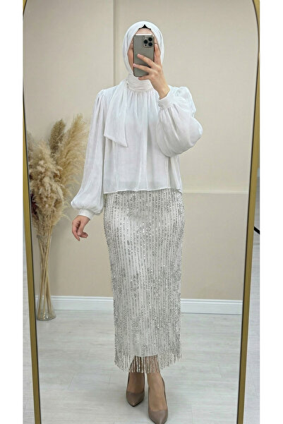 MİHRA STORE Ada Balon Kol Eteği Pullu Gömleği Janjan Takım-GE807 Beyaz