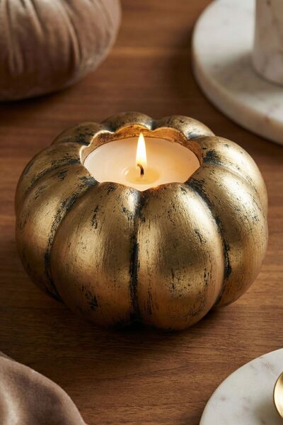 Evene Altın Eskitme Mumluk Şamdan Tealight Ve Ince Mum Uyumlu Kabak Model