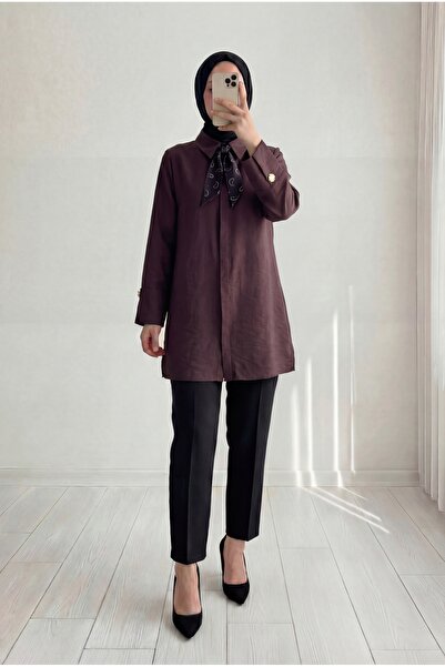 MİHRA STORE Adıgül Gizli Patlı Fularlı Kol Manşetli Tunik-ŞA1192 Mürdüm
