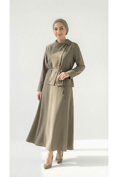 MİHRA STORE Σετ Φούστας με Γιακά και Σταυρωτά Κουμπιά Jülide-AS102 Χακί