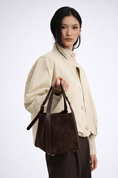 mèche atelier since 2024 Kadın Süet El ve Omuz Çantası Acı Kahve