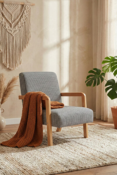 Zem Bahama Bohem Ahşap Berjer, Siyah Kazayağı Desenli