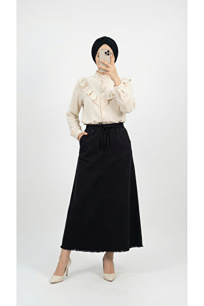 MİHRA STORE تنورة فيونا ذات ستة أهداب من الجبردين-MA4281 باللون الأسود