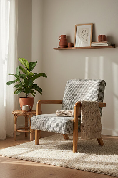 Zem Bahama Bohem Ahşap Berjer, Kahverengi Kazayağı Desenli