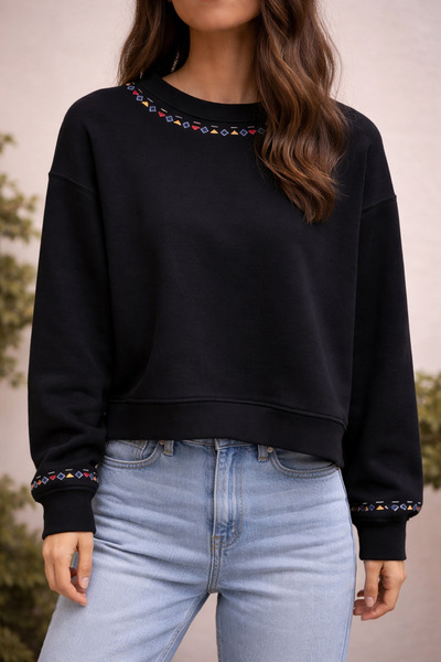 Fit Kalıp %100 Pamuklu Bisiklet Yaka Siyah Renk Rug Sweatshirt