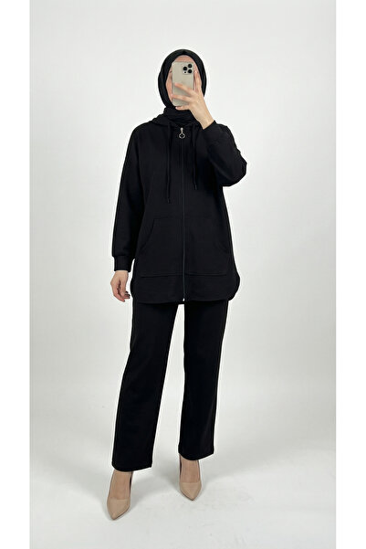MİHRA STORE Σετ παντελόνι με φερμουάρ και τσέπες Hande Kangaroo-MF1746 Μαύρο