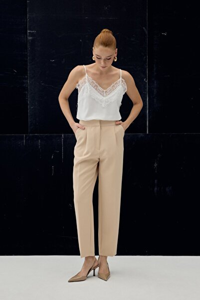 Sateen Ψηλόμεσο Κλασικό Παντελόνι - Μπεζ