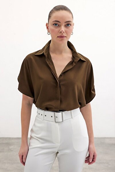 Sateen Casual Shirt with Sleeve Detail - Brown