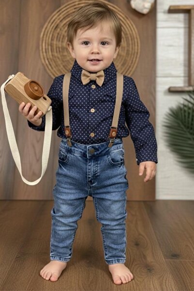 MixMax Bebe Erkek Bebek Bayramlık Uzun Kollu Papyonlu Gömlek Askılı Kot Panto...