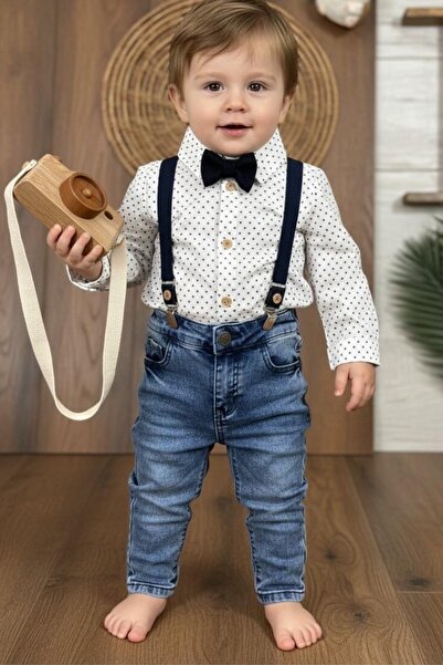 MixMax Bebe Erkek Bebek Bayramlık Uzun Kollu Papyonlu Gömlek Askılı Kot Panto...