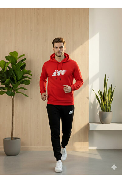 KVİNS Men's Red Hooded Slim Fit Sweatshirt and Sweatpants Set - Sporty Combin...