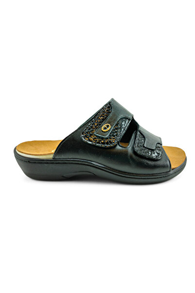 Women's Leather Orthopedic Outsole Slippers Y1003 BLACK