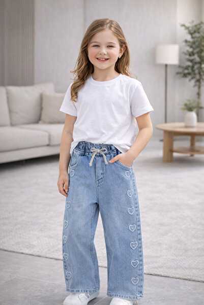 GMG Baby Girl's Wide-Leg Heart Pearl Embroidered Jeans with Fringed Hem Detai...