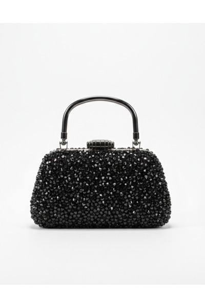 Çanta Trend Dámská večerní taška s křišťálovým černým kamenem a dlouhým řetíz...
