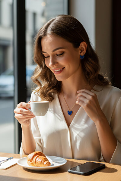 Alyas Aksesuar Minimalist Heart Necklace Earring Set Blue
