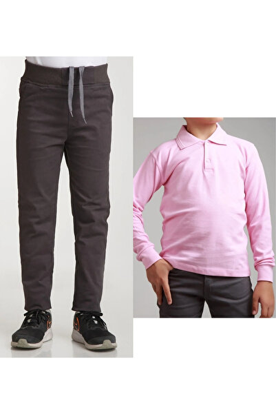 Nacar Unisex dečije rebraste pantalone sa dimljenim strukom Lan + polo ovratn...