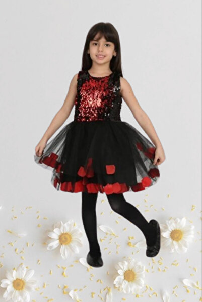 Nacar Kız Çocuk 23 Nisan Okul Gösteri Doğum Günü Tüllü Kırmızı Siyah Kısa Elb...