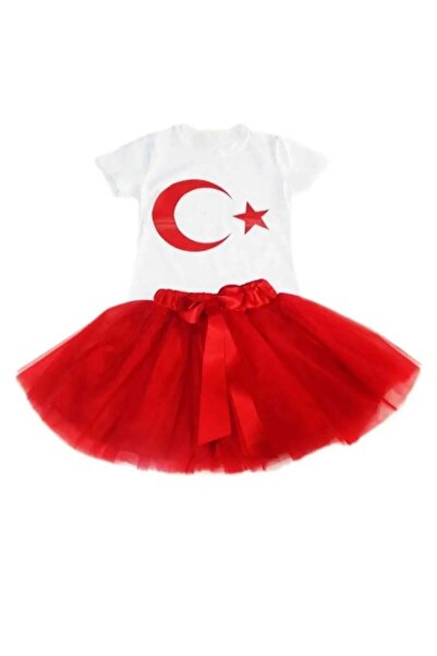 Nacar Kız Çocuk 23 Nisan 29 Ekim Gösteri Kıyafeti Desenli Kısa Kol Beyaz T-sh...