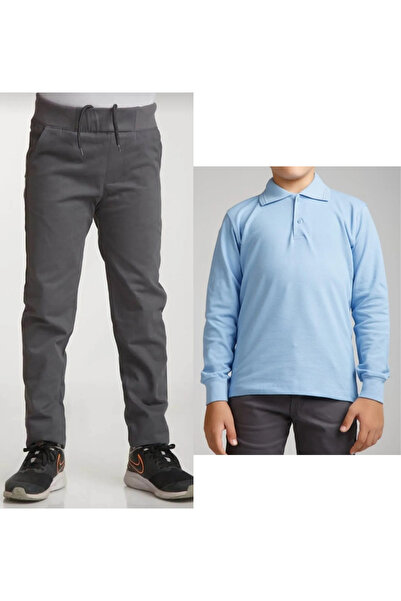 Nacar Dečije platnene sive školske pantalone sa rebrastim strukom + polo maji...