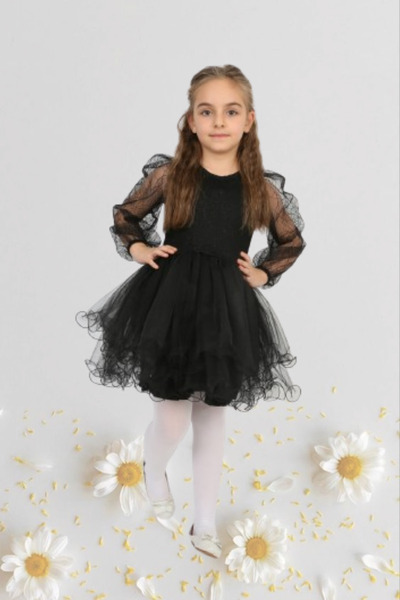 Nacar Kız Çocuk 23 Nisan Okul Gösteri Doğum Günü Tüllü Siyah Kısa Elbise 024