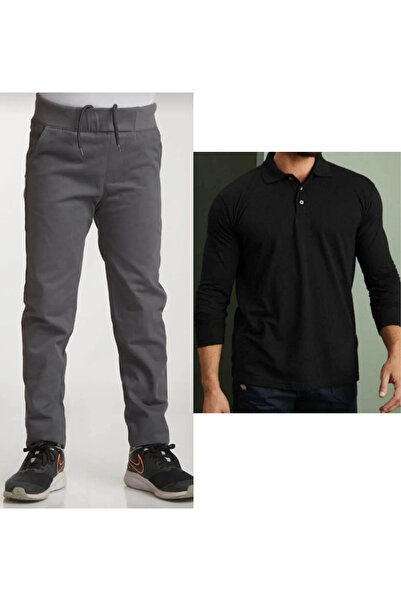 Nacar Unisex dečije rebraste lanene sive školske pantalone + polo majica sa d...