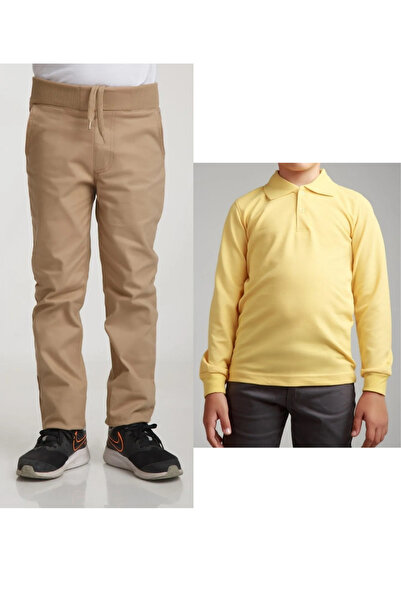 Nacar Unisex dečije riblje lanene bež školske pantalone + polo majica sa dugi...