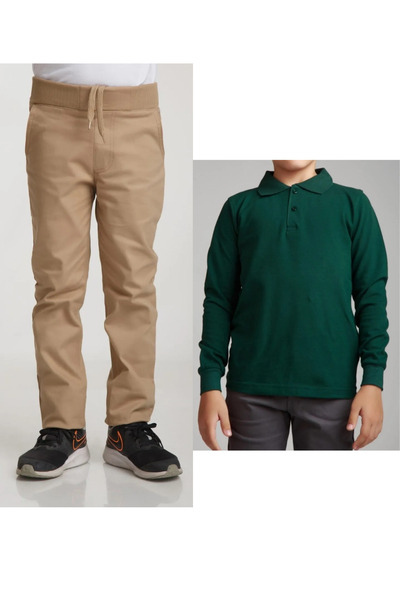 Nacar Unisex Çocuk Ribana Bel Keten Bej Okul Pantolonu + Polo Yaka Uzun Kol T...