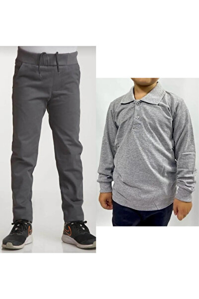Nacar Unisex dečije rebraste lanene sive školske pantalone + polo majica sa d...