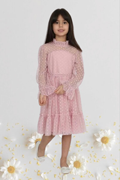 Nacar Kız Çocuk 23 Nisan Okul Gösteri Doğum Günü Tüllü Pudra Kısa Elbise 024