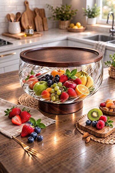 morponi وعاء زجاجي فاخر من البوروسيليكات مع غطاء وقاعدة من خشب الأكاسيا - وعا...