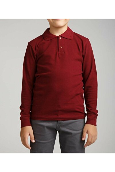 Nacar Unisex Children's Polo Neck Long Sleeve Claret Red T-shirt