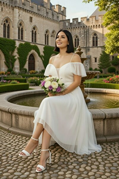 FaBe Fashion Ip Askılı Düşük Kollu Midi Beyaz Tül Nikah Söz Nişan Elbisesi