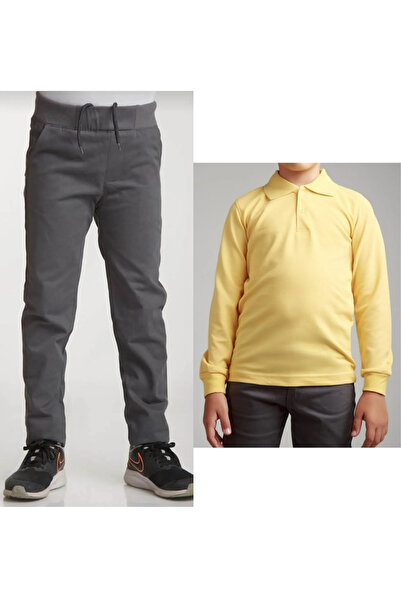 Nacar Unisex dečije rebraste lanene sive školske pantalone + polo majica sa d...