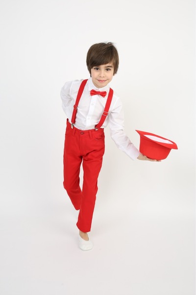 Dıgıl Kids Erkek Çocuk Takım Askı Papyon Gömlek Pantalon Kırmızı